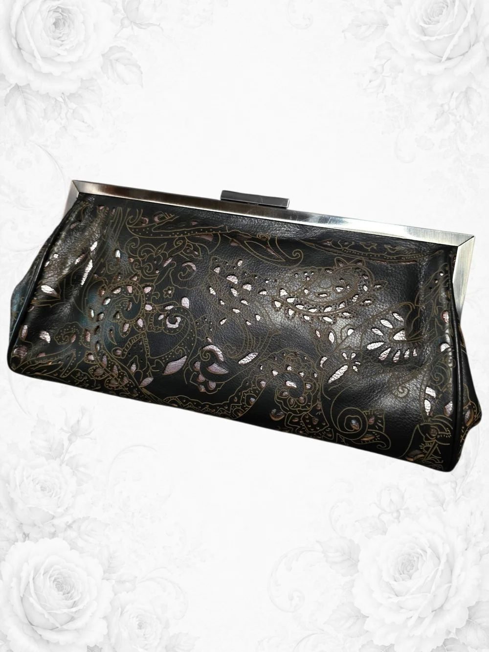 Stunning Patricia Nash Black Tooled Leather Laser Cut Frame Clutch Chain Bag